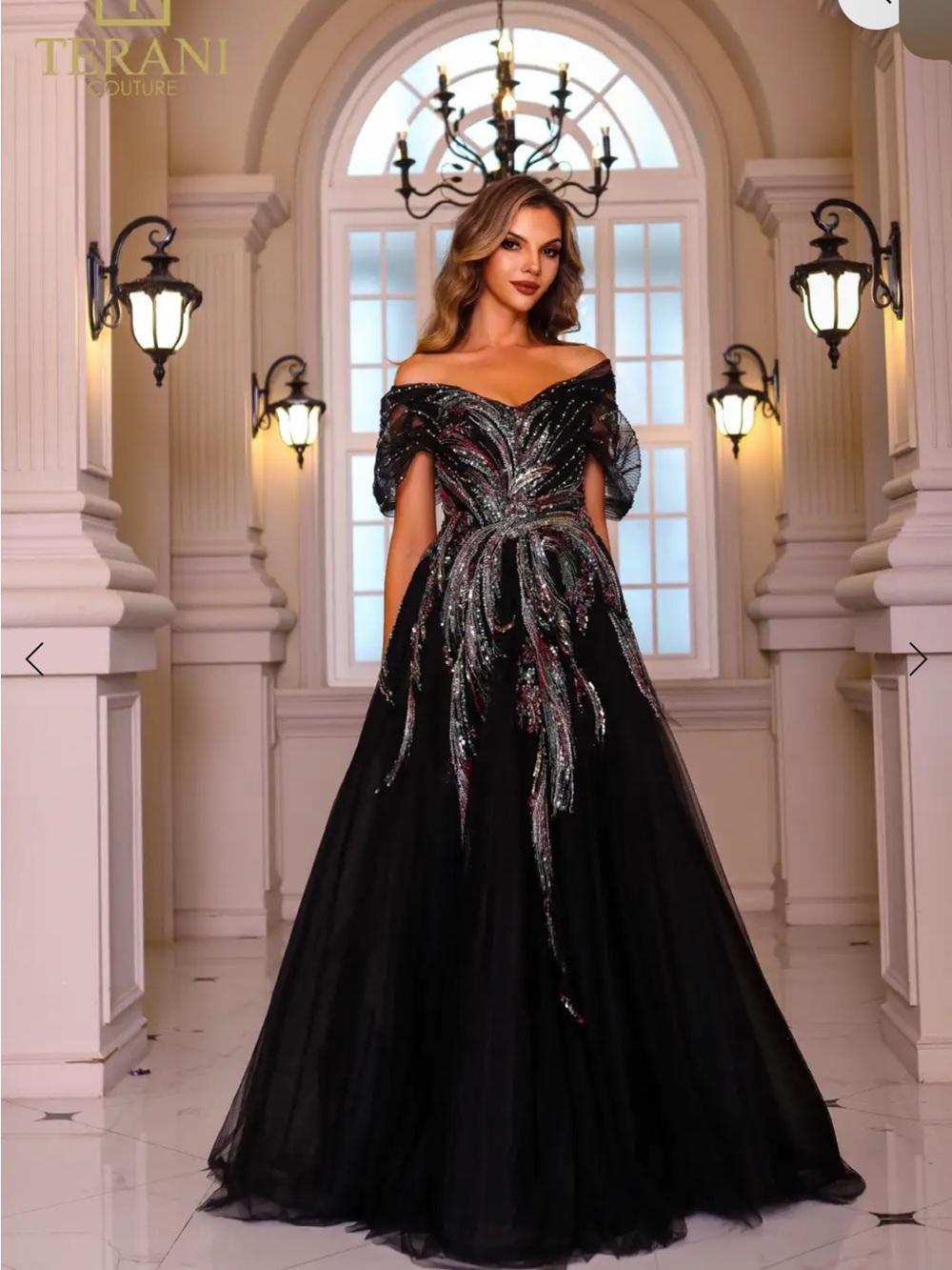 Terani Couture Black Off-Shoulder Evening Gown with Iridescent Embellishments